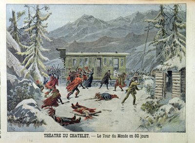 قطار هاجمه الهنود الأمريكيون ، من جميع أنحاء العالم في 80 يومًا بواسطة جول فيرن (1828-1905) من لو بيتيت جورنال ، 13 مايو 1898 بواسطة المدرسة الفرنسية