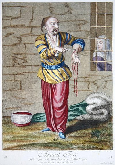 عاشق تركي يخترق ذراعه أمام عشيقته لإثبات حبه ، من "Recueil d'Estampes sur les Costumes du Levant" ، نقشها جيرارد جان بابتيست سكوتان (1671-1716) 1707-08 (نقش ملون) بواسطة المدرسة الفرنسية