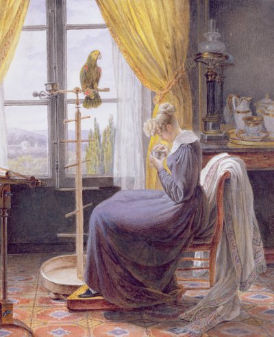 امرأة تغذي ببغاء في الداخل ، c.1820 (مرحاض مع الغواش على الورق) بواسطة المدرسة الفرنسية