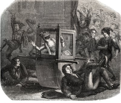 تمنع فرقة من المهرجين ماري تيريز (ماري تيريز) لو فاسور (ليفاسور) (1721-1801) ، زي الكرنفال ، من التقدم على كرسيها المتحرك. إنها ضحية انتقام أحد هؤلاء العاشقين السابقين. نقش من عام 1871 في "Histoire Des Cocus C بواسطة المدرسة الفرنسية
