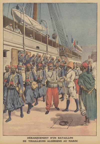 كتيبة من tirailleurs الجزائريين تنزل من سفينة في الدار البيضاء ، المغرب (color litho) بواسطة المدرسة الفرنسية