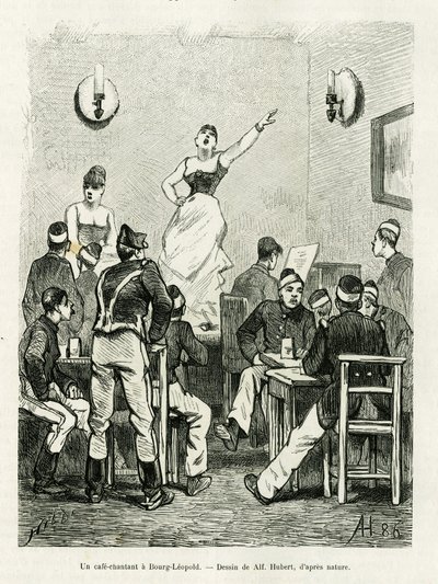 A cafe singing in Bourg Leopold. Engraving by A.Hubert to illustrate the story La Belgique, by Camille Lemonnier, in le tour du monde 1886, directed by Edouard Charton (1807-1890), Hachette, Paris. بواسطة المدرسة الفرنسية