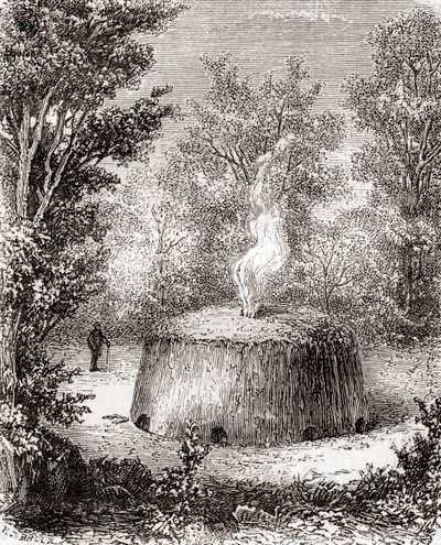 A charcoal kiln in the forest, after a 19th century drawing, from Les Merveilles de la Science, published c.1870 (engraving) بواسطة المدرسة الفرنسية