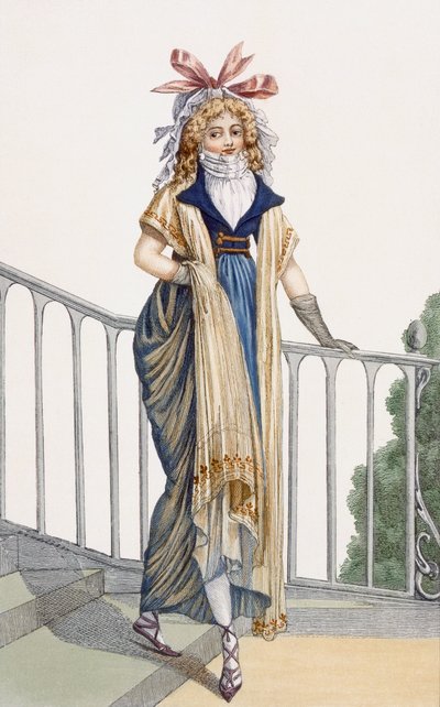 فستان مشي على الطراز الريفي ، رسم توضيحي من Journal des Dames et des Modes ، 1797 بواسطة المدرسة الفرنسية