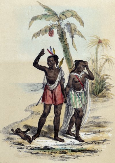 زوجان وطفل على الشاطئ ؛ رسم توضيحي للمركزات ، -في “Les twelve Nations” ”بواسطة ME Fouinet بواسطة المدرسة الفرنسية