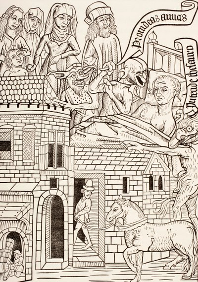 خاطئ محتضر تحيط به عائلته ويهمس شيطان في أذنه ، صفحة من نص القرن الخامس عشر Ars Moriendi أو The Art of Dying ، من Les Artes au Moyen Age ، تم نشره عام 1873 بواسطة المدرسة الفرنسية