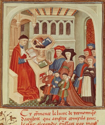 A family in front of a financier, miniature from Ethics, Politics, the Economy by Aristotle, France بواسطة المدرسة الفرنسية