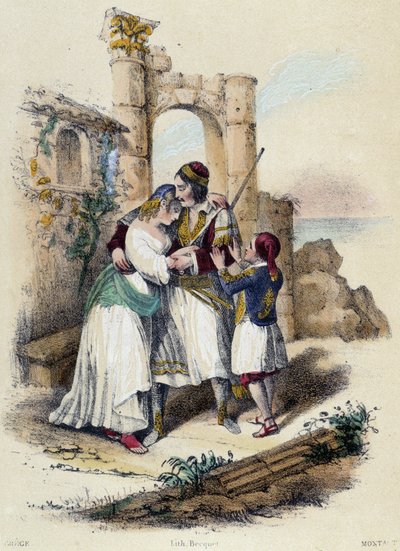 عائلة محاطة بالأنقاض. رسم توضيحي لـ Grece ، في "The Twelve Nations" بقلم ME Fouinet بواسطة المدرسة الفرنسية