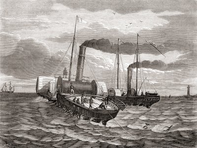محاولة أولى في عام 1850 من قبل شركة جون واتكينز بريت الأنجلو-فرنسية للتلغراف التابعة لجون واتكينز بريت لمد أول خط تحت القناة الإنجليزية، من دوفر إلى كاليه، باستخدام القاطرتين المحولتين جولييت وويدجون، من كتاب "ليه ميرفيلز دي لا ساينس"، المنشور في عام 1870  بواسطة المدرسة الفرنسية