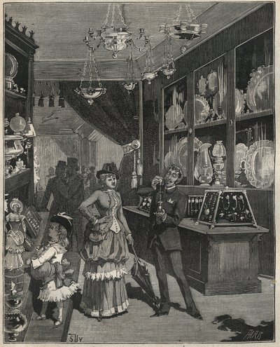 متجر ذهب في فرنسا في القرن التاسع عشر. نقش من عام 1885 في "" Les Arts et metiers Illustres "" لأدولف بيتارد. بواسطة المدرسة الفرنسية