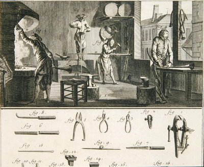 تم نشر ورشة وأدوات صانع الأبواق ، من "Encyclopedie des Sciences et Metiers" بقلم دينيس ديدرو (1713-1784) في عام 1770 (نقش) بواسطة المدرسة الفرنسية