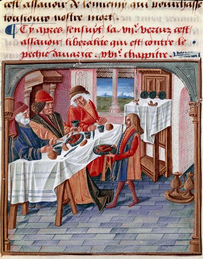 A man shares his table with a poor in need Miniature taken from “Le livre de bonnes moreurs de Jacques Legrand” 1490 Chantilly, Musee Conde بواسطة المدرسة الفرنسية