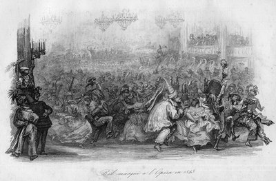كرة مقنعة في أوبرا باريس عام 1843. (أغنية "Le carnival" لمارك أنطوان مادلين ديساجيه) في "" - CHANS et CHANS POPULES DE LA FRANCE - 1843 - H.- L. DELLOYE ، الناشر ، LIBRARY DE غارنييه. بواسطة المدرسة الفرنسية