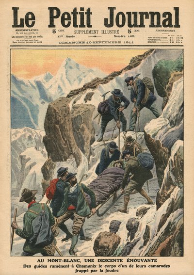 نزول متحرك أسفل مونت بلانك ، رسم توضيحي من `` Le Petit Journal &39;&39; ، ملحق Illustre ، 10 سبتمبر 1911 (لون ليثو) بواسطة المدرسة الفرنسية
