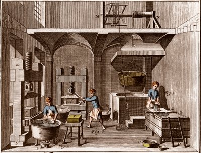مطحنة الورق - القرطاسية: الكلية - "" الموسوعة الكبرى ، ou Dictionnaire Raisonne des Sciences، des Arts et des Metiers "(موسوعة أو قاموس العلوم والفنون والمهن) بقلم دينيس ديدرو (1713-1784) وجان د. أليمبرت (1717-1783). بواسطة المدرسة الفرنسية