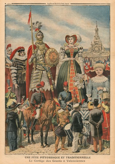 وليمة خلابة وتقليدية ، موكب العمالقة في فالنسيان ، توضيح من `` Le Petit Journal &39;&39; ، ملحق illustre ، 10 يوليو 1910 (colout litho) بواسطة المدرسة الفرنسية