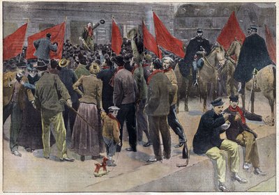 اجتماع عام للجريفيين أمام مبنى بلدية مونتسيو ليه مينس (سون ولوار)، حيث ترك ما يقرب من 10,000 جريفي العمل لأكثر من شهر. نقش في "Le pelerin" 8/09/1901. مجموعة سيلفا. بواسطة المدرسة الفرنسية