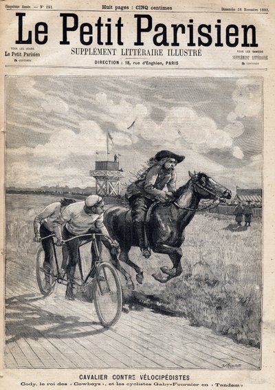 تسابق متسابق ضد متسابق السرعة: ويليام فريدريك كودي (1846-1917) ، المعروف باسم بوفالو بيل ، المعروف باسم ملك رعاة البقر وراكبي الدراجات غابي وفورنييه في تانديم. احدى جريدة "Le petit Parisien" بتاريخ 26/11/1893 (نقش) بواسطة المدرسة الفرنسية