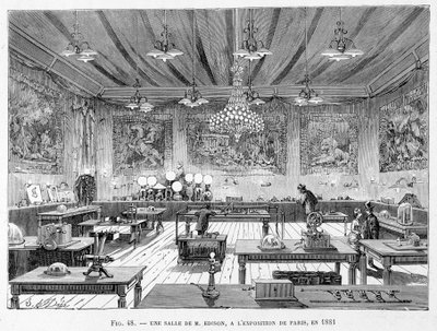 غرفة للسيد إديسون في معرض باريس عام 1881 - في "الفتوحات الجديدة للعلم" للويس فيغير بواسطة المدرسة الفرنسية