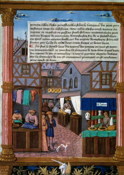 A rue de Paris with echoppes at the beginning of the 16th century Manuscript page taken from “Livre du gouvernement des Princes”” by Romain Gilles (16th century) Paris, Bibliotheque de l