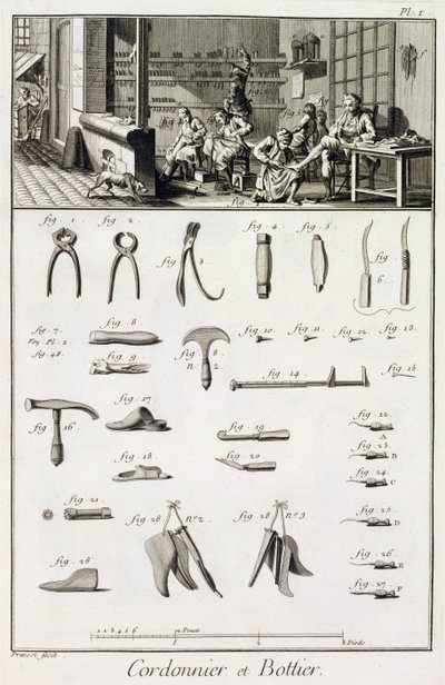 الحذاء وصانع الأحذية وأدواتهم ، من موسوعة العلوم والعدادات بواسطة دينيس ديدرو (1713-1784) المنشورة ج .1770 بواسطة المدرسة الفرنسية