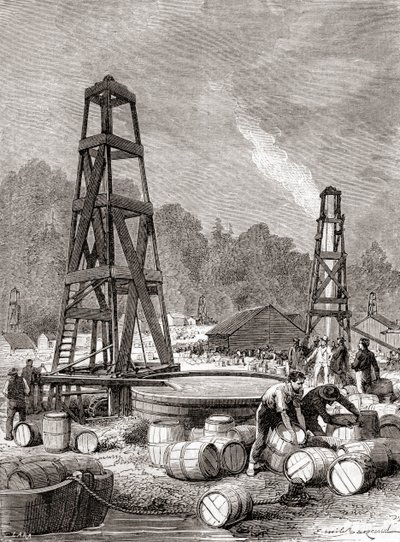 مصدر بترول في أويل كريك على نهر أليغيني ، بنسلفانيا ، الولايات المتحدة الأمريكية عام 1858 ، اكتشفه إدوين لورنتين دريك ، المعروف أيضًا باسم الكولونيل دريك ، من "ليه ميرفييل دي لا ساينس" ، نُشر عام 1870 (نقش) بواسطة المدرسة الفرنسية