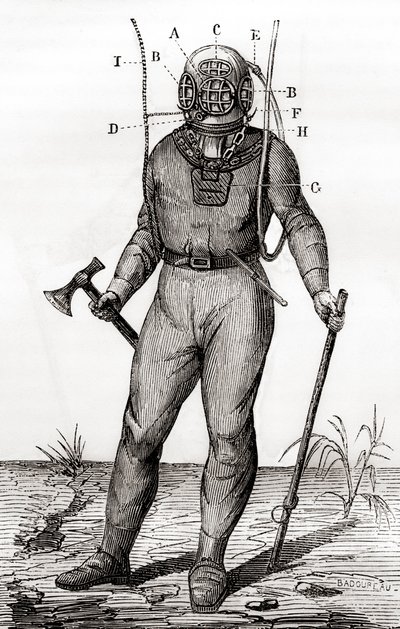 بدلة غطس قياسية حاصلة على براءة اختراع من جوزيف مارتن كابيرول في عام 1855 ، من "Les Merveilles de la Science" ، تم نشرها حوالي عام 1870 (نقش) بواسطة المدرسة الفرنسية