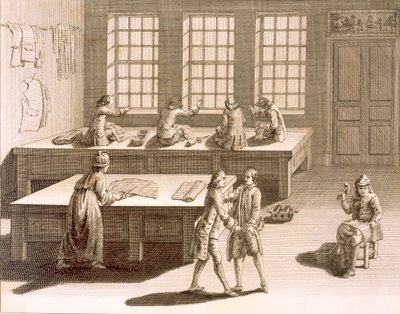 ورشة عمل للخياطين ، من موسوعة العلوم والعدادات بواسطة دينيس ديدرو (1713-1784) نشرت ج .1770 بواسطة المدرسة الفرنسية