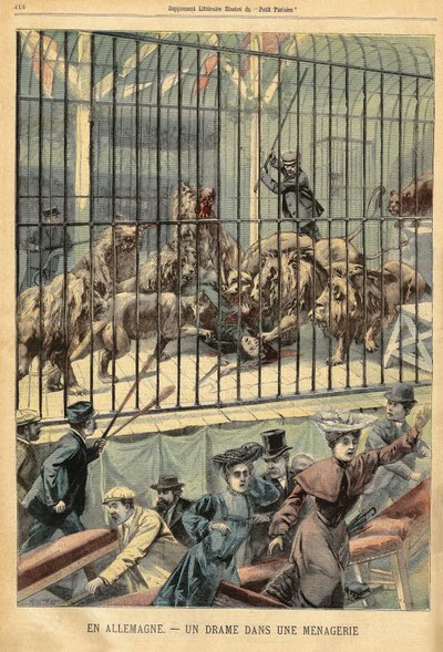 تامر تلتهم أسودها في حديقة حيوان في ديساو ، ألمانيا. نقش في "" لو بيتيت باريزيان "في 27/12/1903. بواسطة المدرسة الفرنسية