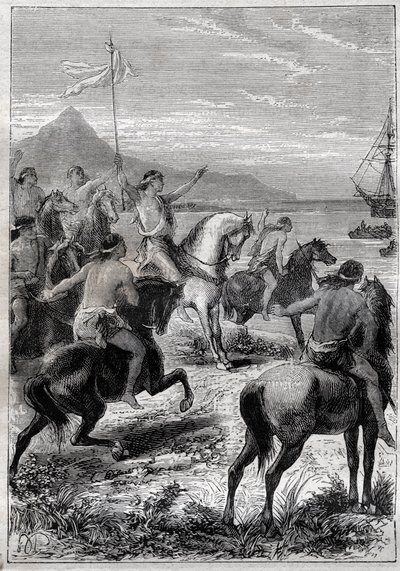 كانت مجموعة من الرجال على ظهور الخيل ترتدي العلم الأبيض: نائب الأميرال جون بايرون (1723-1786) استقبله سكان كيب دي فيرجينز الأصليون ، عند المصب الشرقي لماجلان في ديترويت عام 1764 - رسم توضيحي من "البحارة العظماء في القرن الثامن عشر" "" بواسطة المدرسة الفرنسية