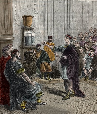 ساعة مائية أو clepsydra في أثينا - اليونان القديمة - la clepsydre a Athenes - نقش في "" العلوم الموضوعة على باب الجميع - الفيزياء والكيمياء "بواسطة Alexis Clerc - نهاية القرن التاسع عشر - مجموعة خاصة بواسطة المدرسة الفرنسية