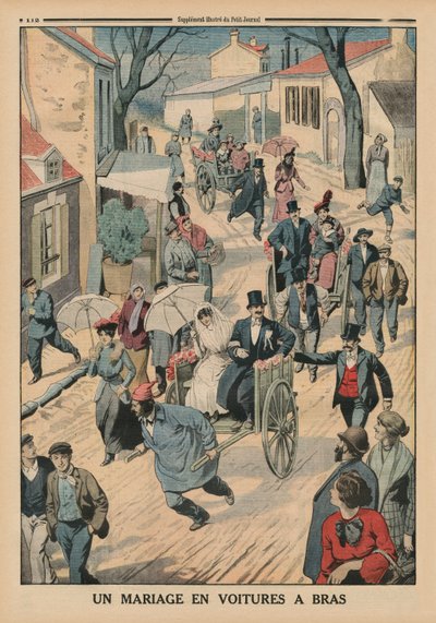 حفل زفاف على عربات يدوية ، صورة توضيحية من الغلاف الخلفي من Le Petit Journal ، ملحق Illustre ، 5 أبريل 1914 بواسطة المدرسة الفرنسية