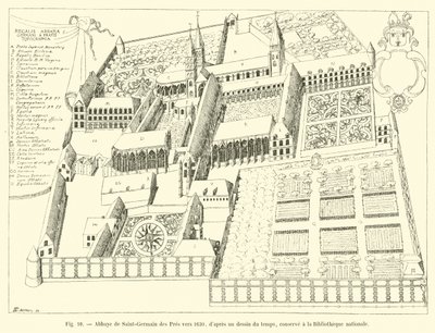 دير سان جيرمان دي بري حوالي عام 1630 ، من رسم زمني ، محفوظ في المكتبة الوطنية بواسطة المدرسة الفرنسية