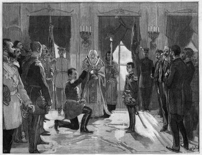 تنازل الملك ميلان الأول لصربيا (1854-1901) ، 7 مارس 1889: أدى الملك السابق قسم الطاعة والإخلاص لابنه الإسكندر الأول من صربيا (1876-1903) ، الذي تنازل عنه للتو. نقش في "" Le Monde Illustré "" رقم 1666 بتاريخ 2 مارس بواسطة المدرسة الفرنسية