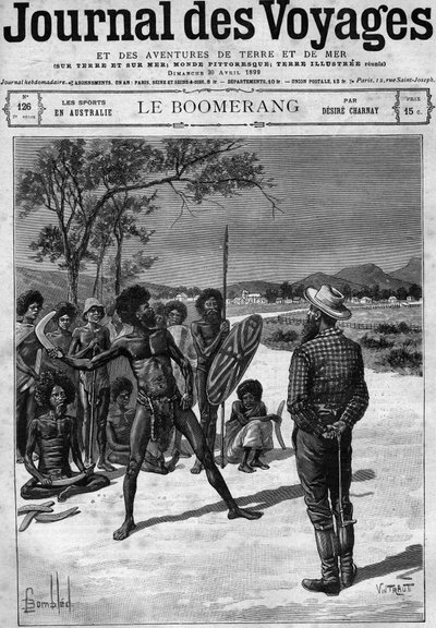 السكان الأصليون في أستراليا يستخدمون بوميرانج ، أواخر القرن التاسع عشر. نقش في "" Journal des Voyages "" بتاريخ 30 أبريل بواسطة المدرسة الفرنسية