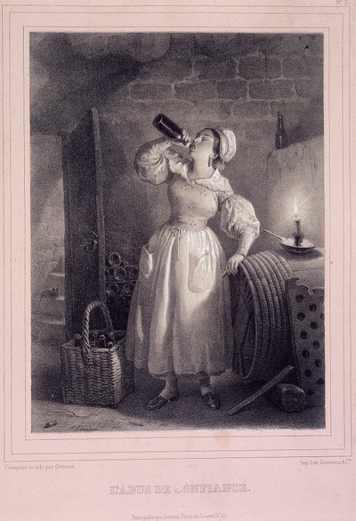 Abuse of trust (domestic drinking wine in the cellar) - lithography بواسطة المدرسة الفرنسية