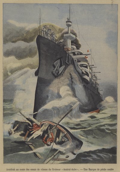 الغرق العرضي لقارب صيد من قبل الطراد الفرنسي المدرع Admiral Aube أثناء تجارب السرعة (اللون الليثو) بواسطة المدرسة الفرنسية