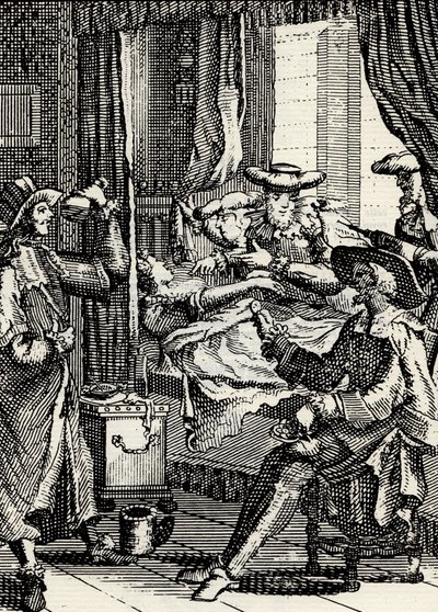 الفصل الثاني من مسرحية "لامور ميديسين" لموليير (1665): لوسيند ، ابنة سغاناريل التي تسمعها 4 أطباء غير أكفاء ، نقش بواسطة المدرسة الفرنسية