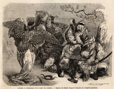 ممثلون وراقصون من بلاط الميكادو في زي المسرح. نقش لتوضيح الرحلة إلى اليابان في 1863-1864، بقلم إيمي همبرت، وزير الاتحاد السويسري، في "جولة في العالم، مجلة الرحلات الجديدة"، التي نُشرت تحت إشراف إد بواسطة المدرسة الفرنسية