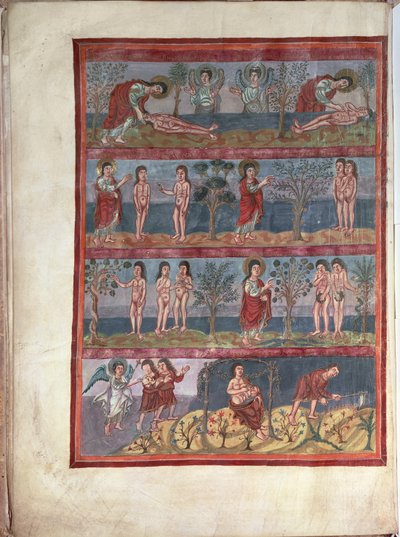 إضافة 10546 f.5v آدم وحواء ، من الكتاب المقدس موتير غراندفال ، مضاء في دير كارولينجيان في سانت مارتن ، تورز ، لاتيني ، حوالي 834-843 (ورق) بواسطة المدرسة الفرنسية