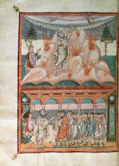 أضف 10546 ص 25 ب موسى يتلقى وينقل قانون الله على جبل سيناء ، من الكتاب المقدس موتير غراندفال ، مضاء في دير سانت مارتن الكارولينجي ، تورز ، 834-843 (ورق) بواسطة المدرسة الفرنسية