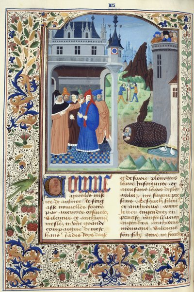 يضيف. 11696 ، f.136v Boccaccio يراقب التعذيب ، من Le Livre des Cases des Nobles et Illustres Hommes بقلم جيوفاني بوكاتشيو ، حوالي 1470 (حبر ولون وذهب على ورق) بواسطة المدرسة الفرنسية