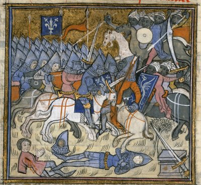 يضيف. 15269، f.124v صليبيون يقاتلون المسلمون ، رسم توضيحي من "Chroniques de France ou de St Denys" (حبر ولون وذهب على رق) بواسطة المدرسة الفرنسية