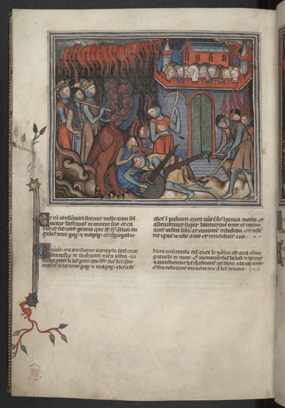 أضف 17333 ، f.42v ، صورة مصغرة لجيوش السماء التي تقاتل التنين (رؤيا 19: 19-20) ، من سفر الرؤيا (نهاية العالم فال ديو) ، حوالي 1320 - 30 (مخطوطة) بواسطة المدرسة الفرنسية