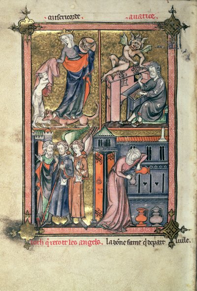 أضف 54180 f.136b الرحمة والجشع واللوط والملائكة ؛ الأرملة وزيتها ، من "La Somme le Roy" بواسطة Frere Laurent ، منارة بواسطة Maitre Honore (ورق الرق) بواسطة المدرسة الفرنسية