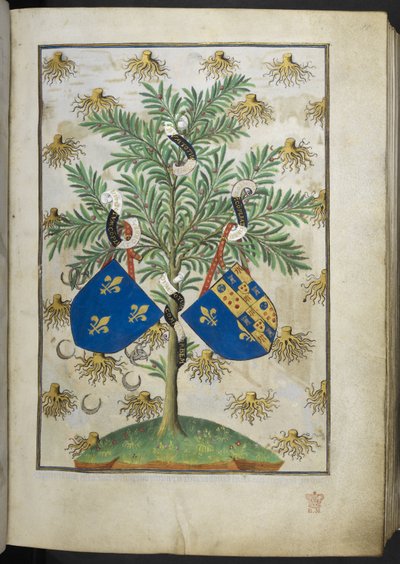 أضف Ms 18850 f.15r صفحة شعارات النبالة ، من كتاب الصلوات (ساعات بيدفورد) ج 1410-30 (الحبر واللون والذهب على ورق الرق) بواسطة المدرسة الفرنسية