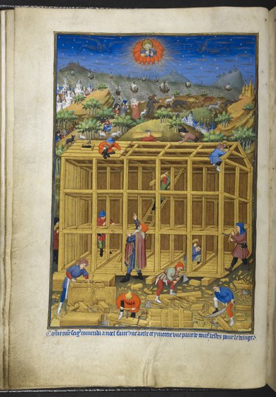 أضف Ms 18850 f.15v ، بناء سفينة نوح ، من كتاب الساعات (ساعات بيدفورد) حوالي 1410-30 (حبر ، لون وذهب على ورق) بواسطة المدرسة الفرنسية