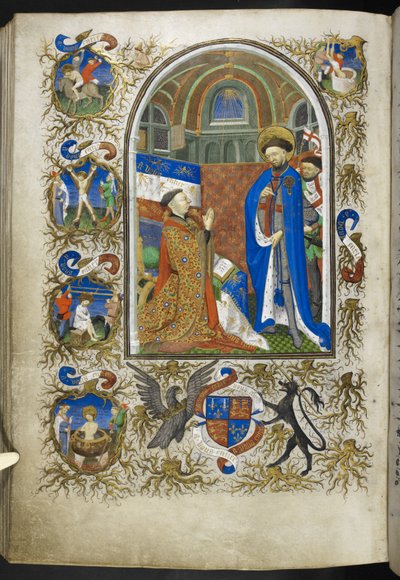 أضف Ms 18850 f.256v ، دوق بيدفورد قبل القديس جورج ، من كتاب الصلوات (ساعات بيدفورد) حوالي 1410-30 (حبر ، لون وذهب على ورق) بواسطة المدرسة الفرنسية