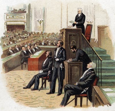 Adolphe Thiers (1797-1877) ، رئيس الجمهورية على منصة الجمعية الوطنية عام 1872 - الطباعة الحجرية الملونة (Chromo) في بداية القرن العشرين. بواسطة المدرسة الفرنسية