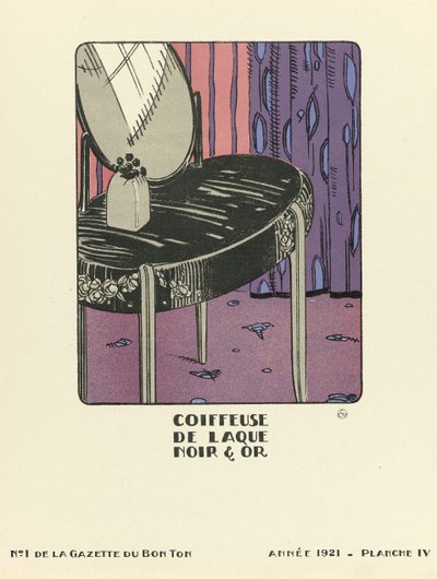 إعلان عن "Coiffeuse de Laque Noque  Or"، طُبع عام 1921 (طباعة بالاستنسل) بواسطة المدرسة الفرنسية